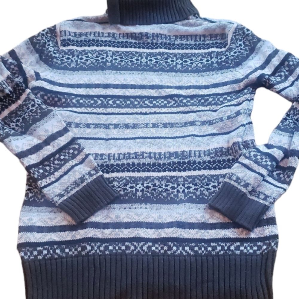 Hannah Womens L Cotton‎ Striped Knit Sweater Patterned Pull Over Turtleneck